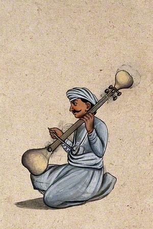 A Musician Playing an Indian Stringed Instrument, Similar to a Veena, with a Bow