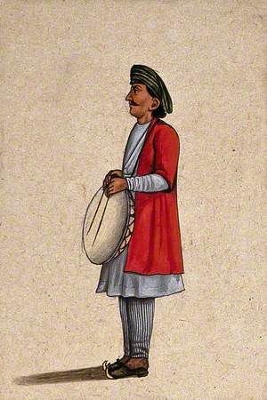 A Musician Playing an Indian Percussion Instrument, Similar to the Dhap
