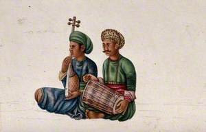 Two Musicians Playing a Dholak (percussion instrument) and a Tanpura (stringed instrument)