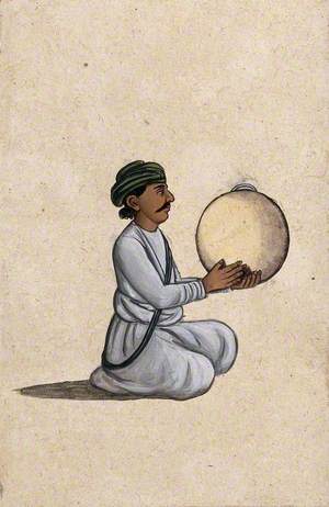 A Musician Playing a Daf (Indian Tambourine, with No Jingles)