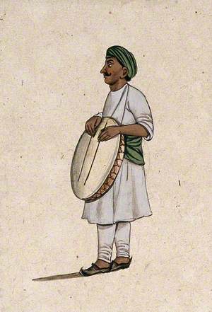 A Musician Playing a Daf, an Indian Percussion Instrument, with Sticks