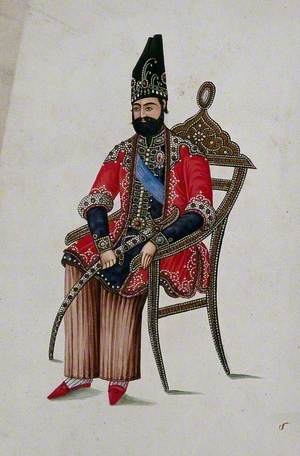 An Unidentified Qajar Monarch in Ceremonial Dress with Sword, Seated on a Gold Chair