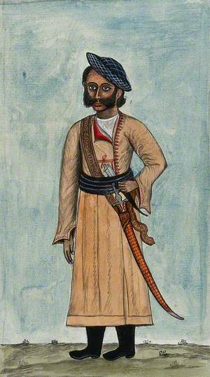 A Man Wearing a Mughal Dress with Boots and an English Cap