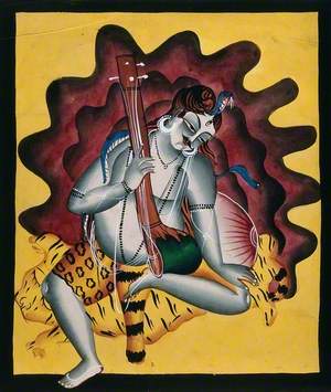 Shiva Sits on a Tiger Skin with Sitar in Hand