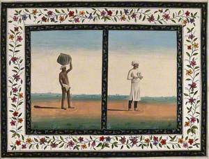 Left, a Labourer Carries a Heavy Load on His Head; Right, an Attendant or Bearer Carries a Tray