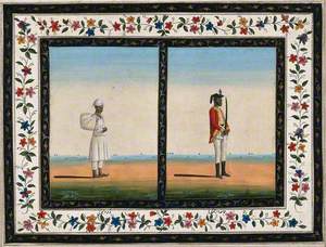 Left, a Dhobi (?), Washer Man, Holding a Bundle Tied in Cloth; Right, a Sepoy, Soldier, Holding a Sword