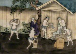 Men Washing the Body of a Recently Deceased Man in a Japanese Bath House