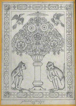 Temple Sculpture: A Tree with Two Monkeys and Two Birds Surrounded by a Decorative Border