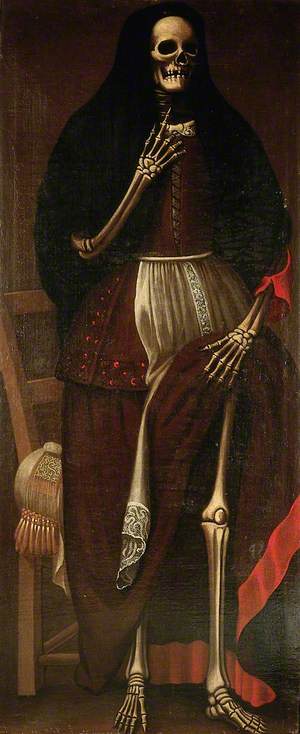 A Skeleton as a Woman Wearing a Brown and Red Dress and a Black Headdress