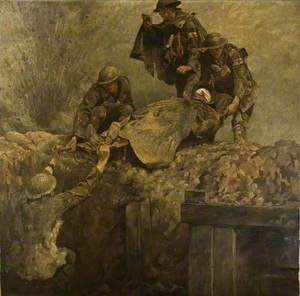 First World War: Stretcher Bearers of the Royal Army Medical Corps (RAMC) Lifting a Wounded Man out of a Trench