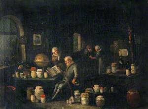 An Old Man Consulting a Book and Holding a Flask in a Room with Many Pharmacy Jars
