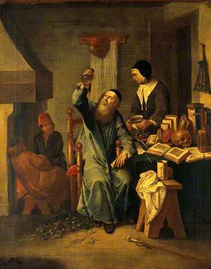 A Physician Examining a Urine Flask Brought by a Woman