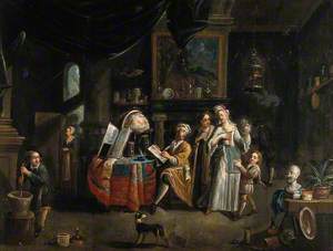 Interior with a Medical Practitioner, a Woman Holding a Flask, and Five Other People