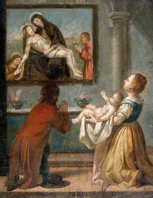A Man and a Woman Holding a Baby before an Altar