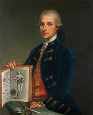 A Man Holding an Anatomy Book with an Engraving of a Woman Showing Her Viscera