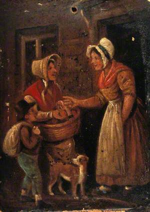 A Woman with a Basket of Fruit, and a Boy, Offer Fruit to a Woman in the Doorway of Her House