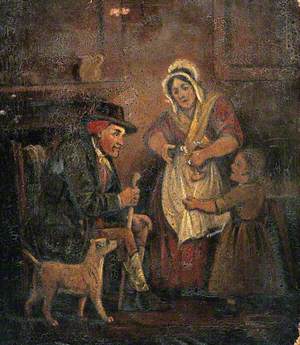 A Seated Man and a Girl Look at a Candle Held by a Woman