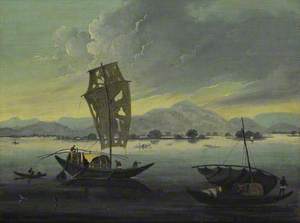 Boats on the River Ganges with the Rajmahal Hills beyond