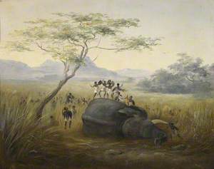 A Dead Elephant; Huntsmen with Shields and Lances Dancing on the Carcass