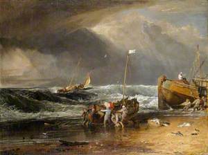 A Coast Scene with Fishermen Hauling a Boat Ashore