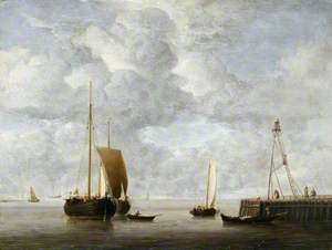 A Dutch Hoeker at Anchor near a Pier