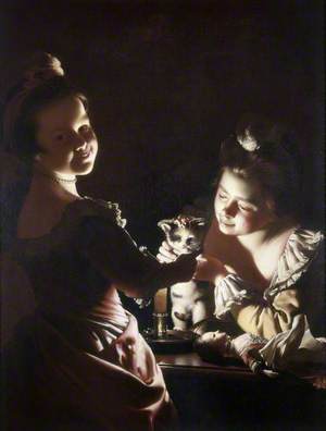 Two Girls Dressing a Kitten by Candlelight