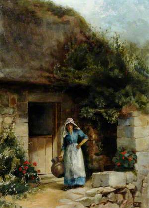 Woman with a Jersey Milk-Can Outside a Cottage Door