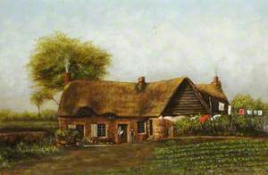 Thatched Cottage with Figures in a Garden with Washing