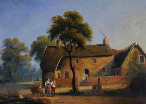 Country House with Figures, a Wheelbarrow and a Pump