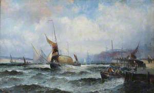 Estuary Scene with Thames Barges and People in Rough Weather