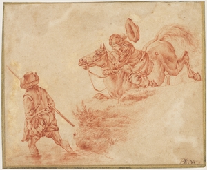 Figure on a Horse and Another Wading in a Stream with a Walking Stick