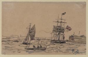View of Antwerp Harbour with Sailing Vessels and Rowing Boat