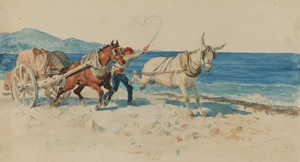 Man Driving a Horse and Ass Harnessed to a Cart