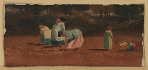 Three Women and a Child Picking Plants