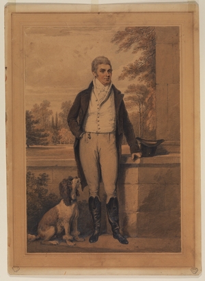 Full-Length Portrait of a Man with a Dog Standing by a Wall