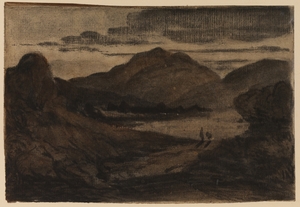 Landscape at Dusk with Mountains and Lake with Figures on Shore