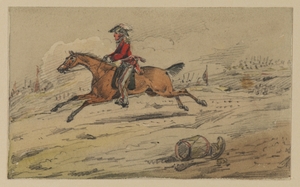 Cavalry Man Galloping on Horse with Scene of Battle in Background
