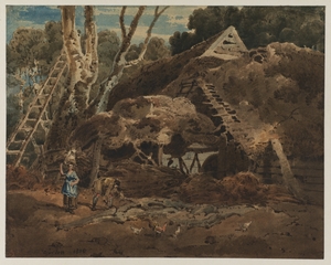 Farmyard with Barns, Ladder and Figures