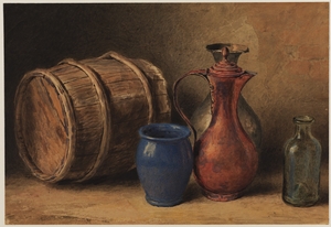 Still Life with Wooden Barrel, Blue Vase, Glass Bottle and Copper Jug