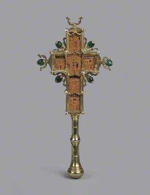Benediction Cross in Carved Cypress Wood in a Silver Gilt Mount Set with Pearls and Semi-Precious Stones