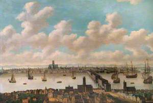 View of London from the South Side of London Bridge Showing Old St Paul's Cathedral