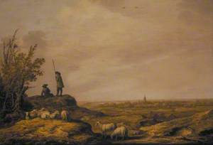 Panoramic Landscape with Shepherds, Sheep and a Town in the Distance