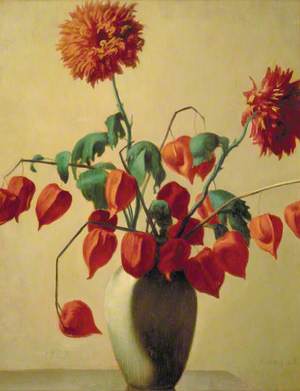 Still Life of Red Flowers in a Green Vase
