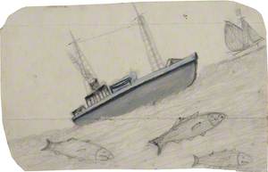 Grey Steamboat, Sailing Ship and Three Fish with Teeth