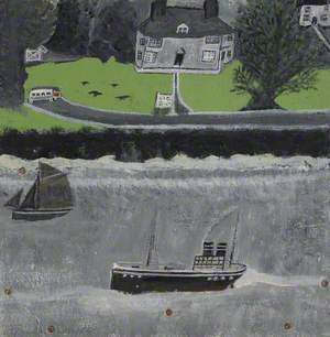 Two Boats Moving Past a Big House