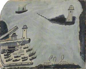 Harbour with Two Lighthouses and Motor Vessel, St Ives Bay