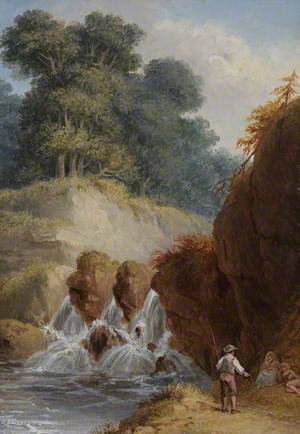 Landscape Scene with a Waterfall and Fisherman*