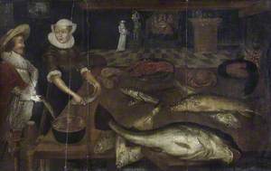 A Kitchen with a Fish Seller and a Cavalier, the Supper at Emmaeus in the Room beyond