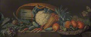 Still Life of Vegetables, a Pineapple and Other Fruit with a Silver Platter on a Ledge