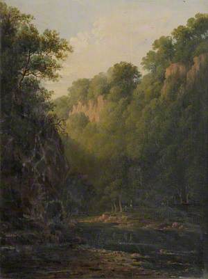 A Rocky Ravine with Trees and Figures beside a River